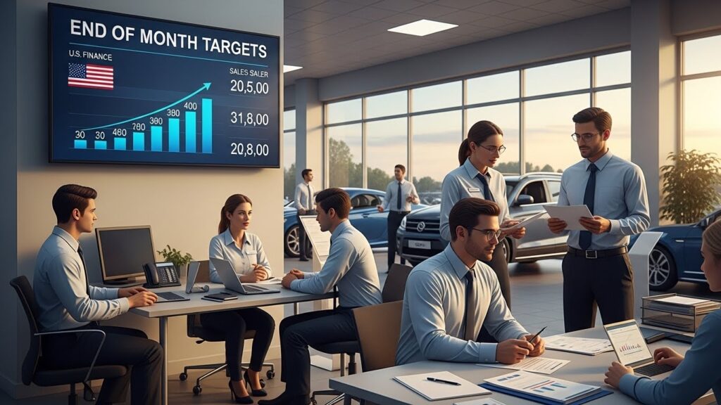 U.S. car dealership rushing to hit end-of-month sales targets, showing best time to apply for car financing.