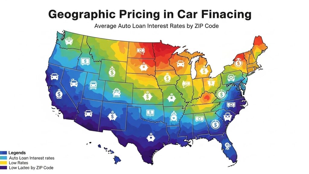 U.S. map displaying ZIP Code variations in auto loan interest rates for car financing borrowers.
