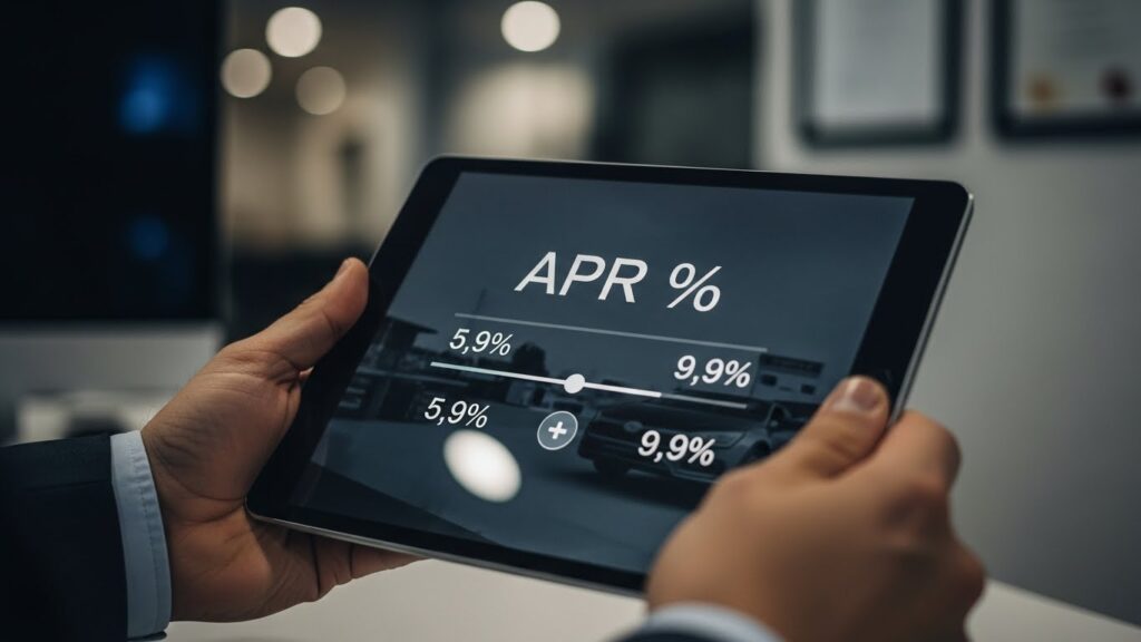 Car dealer increasing APR rates through hidden dealer markup on a digital screen during car financing.