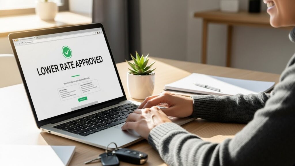 Borrower refinancing car loan online with lower interest rate approval after 90 days.