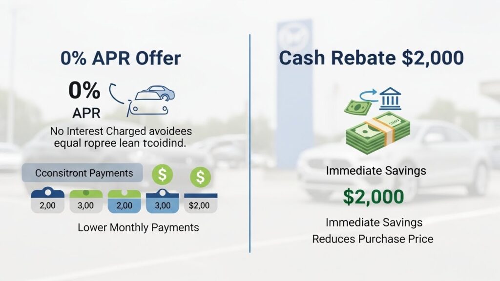 Comparison showing 0% APR financing versus cash rebate incentives for car financing decisions.
