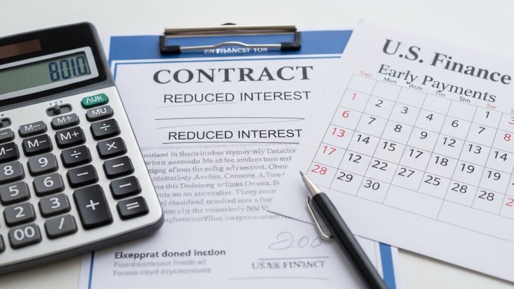 Early payment strategy reducing car loan interest using calculator, contract, and calendar.