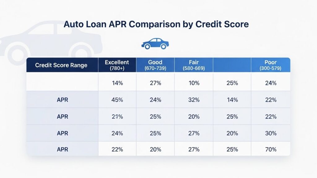 Auto loan APR comparison table showing interest rates by credit score ranges for car financing in the United States.