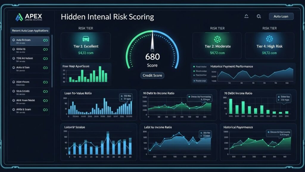Internal risk tier system used by banks for car financing approvals showing credit score meters and lender scoring models.